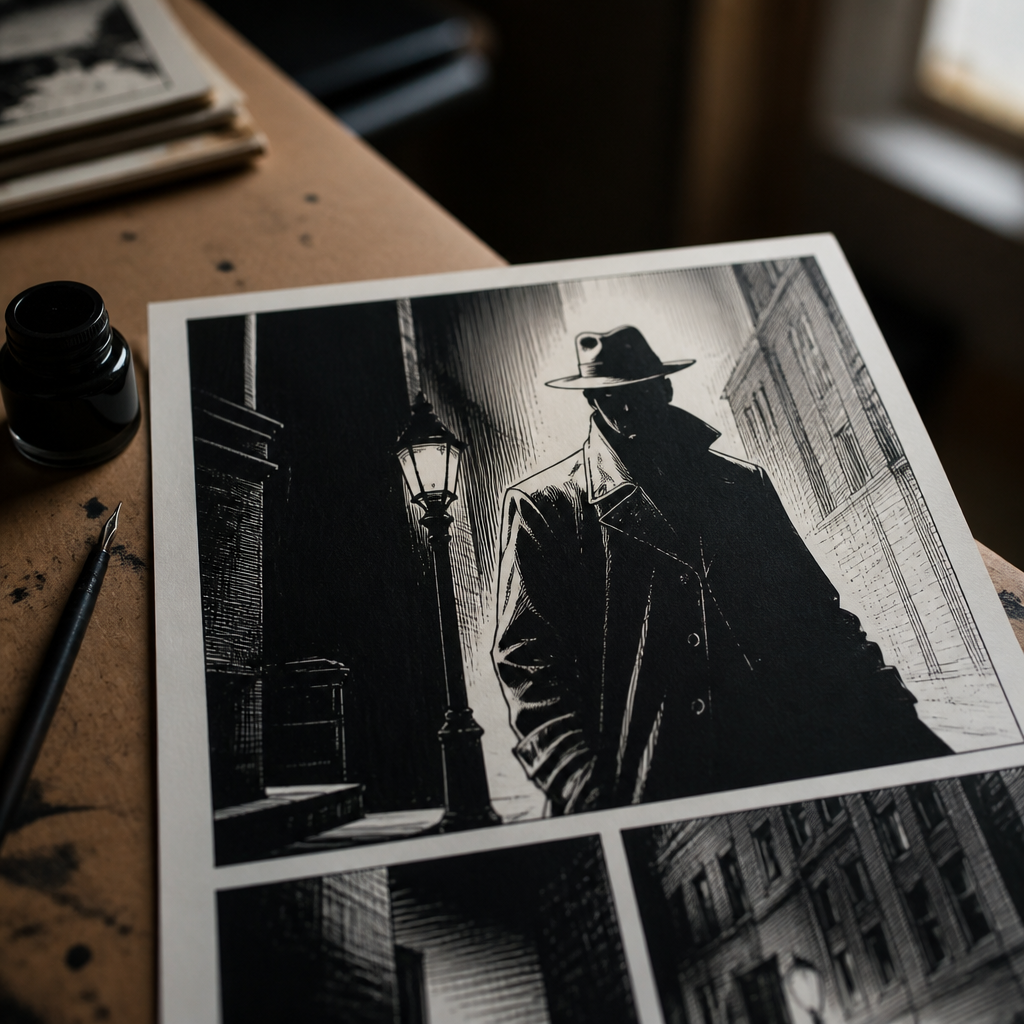 Ink drawing in high contrast comic panel style showing a shadowed figure