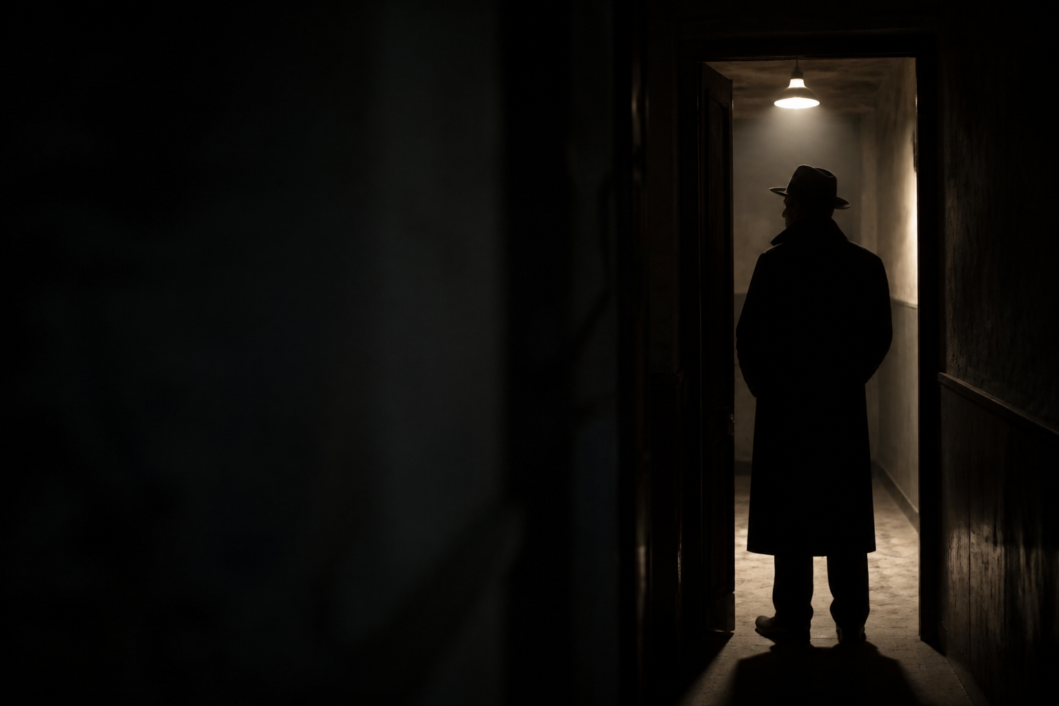 Silhouette of a figure standing in a doorway, backlit by a single hallway light