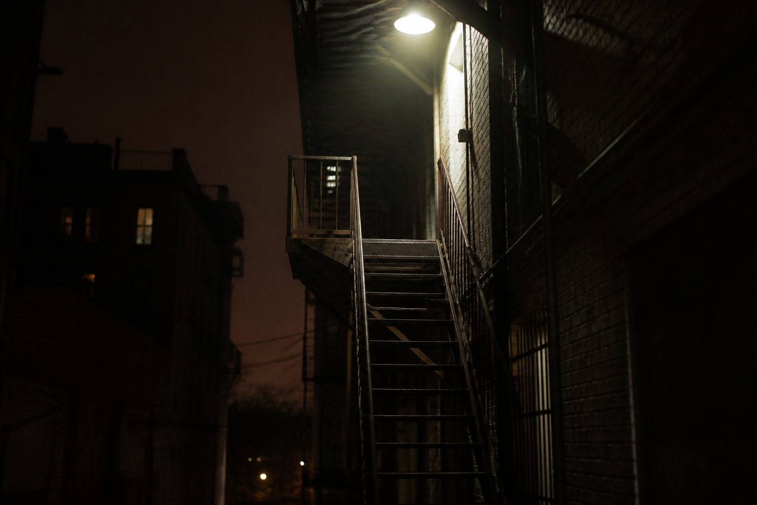 Metal fire escape stairway in a narrow alleyway lit by a single overhead light at night