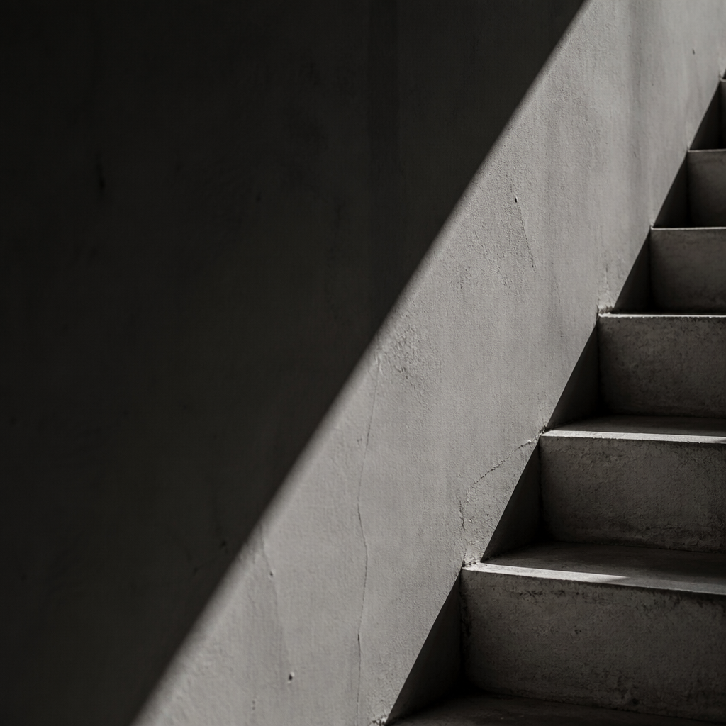 High contrast staircase photographed with a sharp diagonal shadow cast across the steps and wall