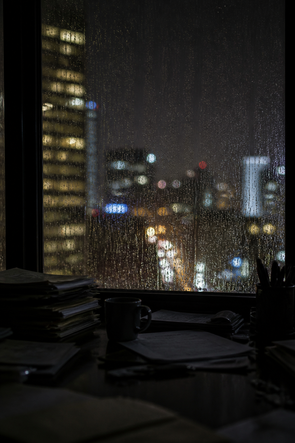 Rain streaked window with blurred city lights seen at night from an office interior