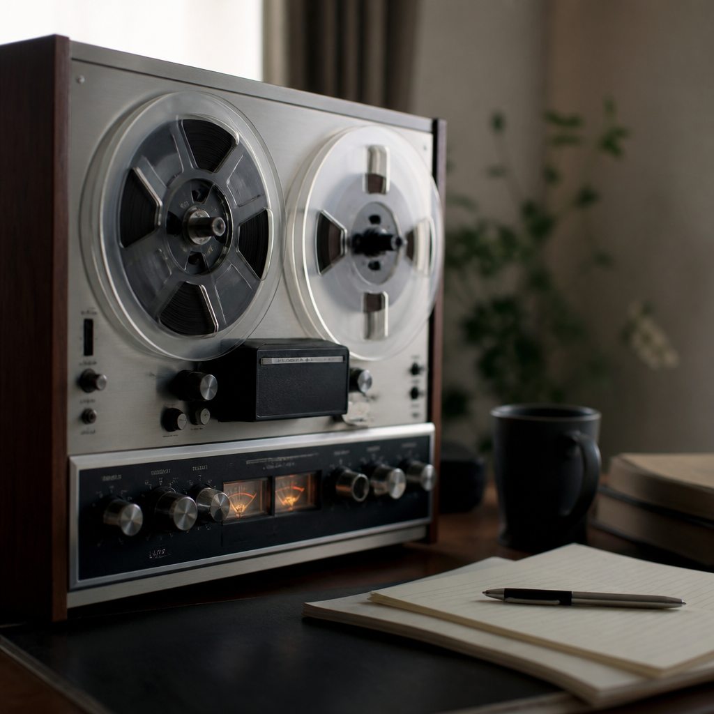 Reel to reel tape recorder sitting on a desk beside a notepad and pen