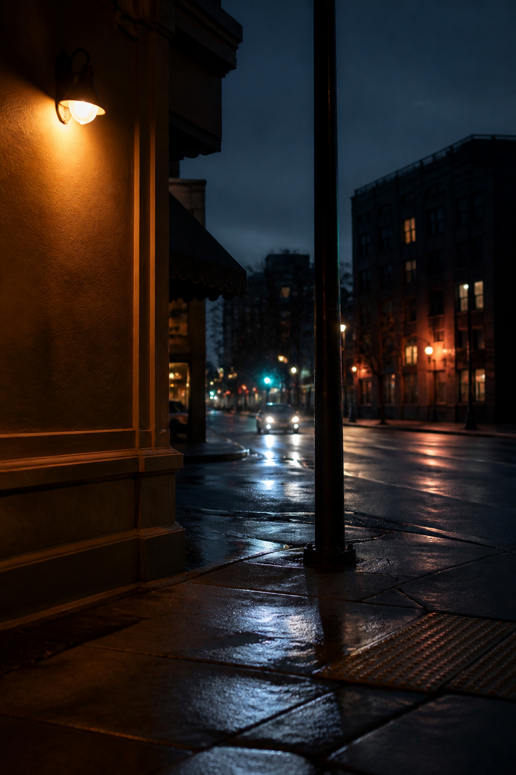 City street corner photographed with a split lighting effect contrasting warm and cool tones